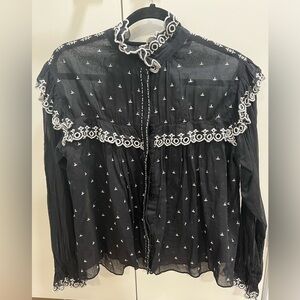 Isabel Marant Sheer Black Blouse with Eyelet Details and Balloon Sleeves Size 36